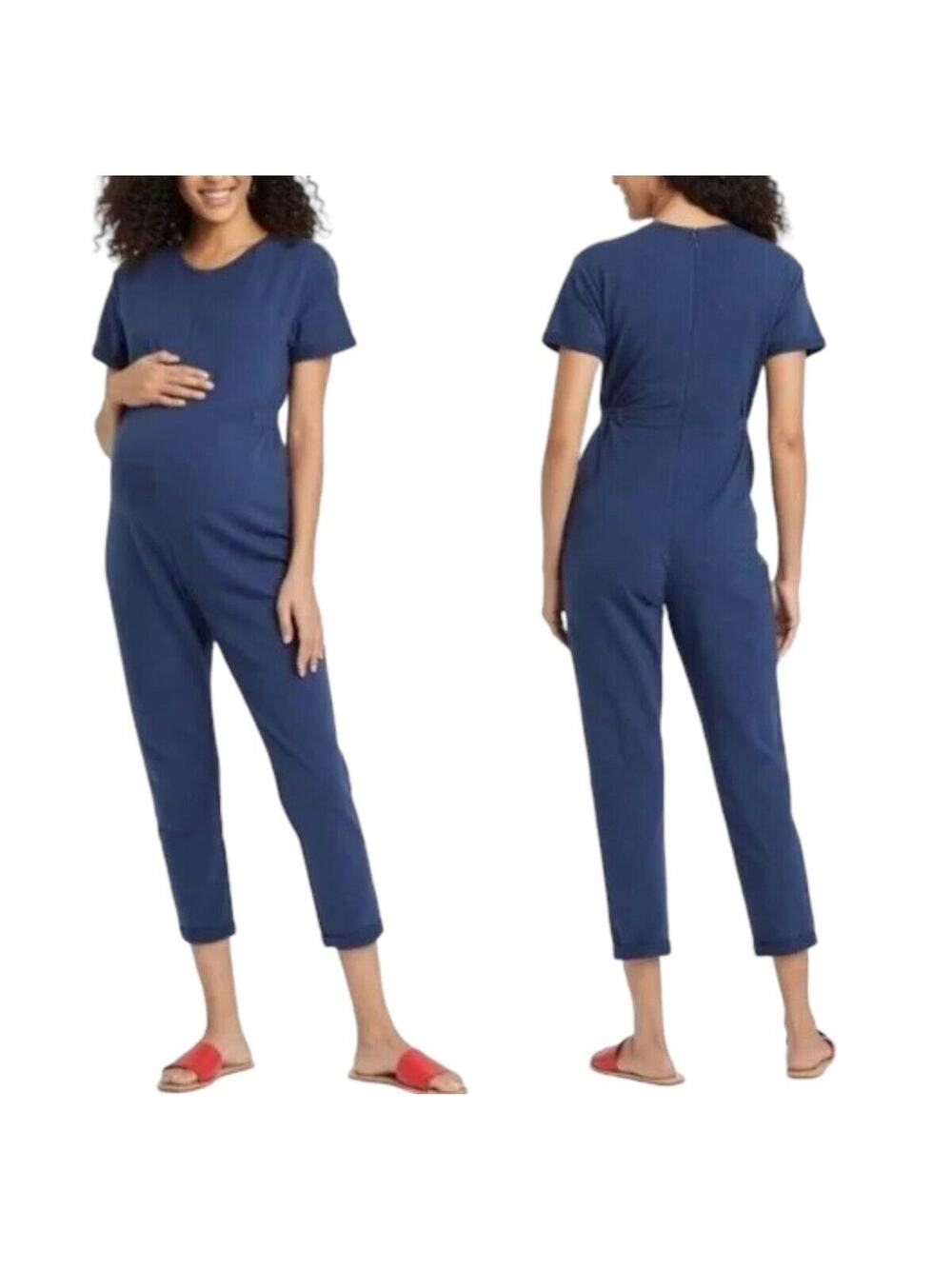 NEW The Nines by Hatch Maternity Jumpsuit Blue Cotton French Terry Short SlvSz S